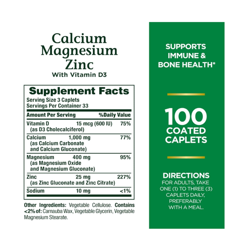 Nature's Bounty Calcium Magnesium & Zinc Caplets - 100 Count