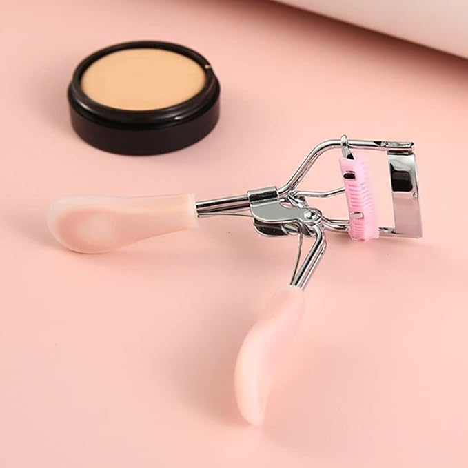 2 Pcs Stainless Steel Eyelash Curler with Built-in Comb Pinch Pain-Free Suitable for Any Eye Shapes and Sizes, with 4 Silicone Refill Pads(Hazy Pink&Light Pink)