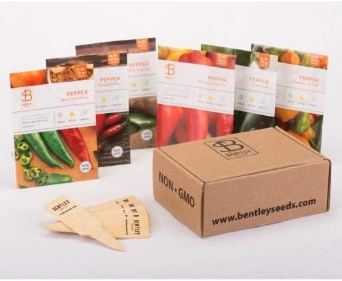 Bentley Seeds Co. HOT Peppers Seed Packet Kit With 6 Row Markers - Green & Red Chili Pepper Seeds for Vegetables Garden - Variety of Pepper Seeds for Planting - Non-GMO, Heirloom Seed Packets (6 Pack)