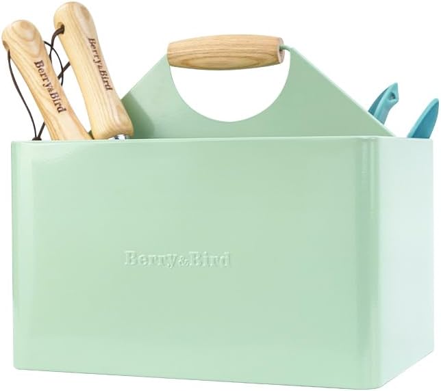 Berry&Bird Garden Tool Organizer, Metal Garden Caddy with 4 Compartments and Wooden Handle, Gardening Tools Box for Indoor & Outdoor, Practical Gardener Gift for Gardening Lovers