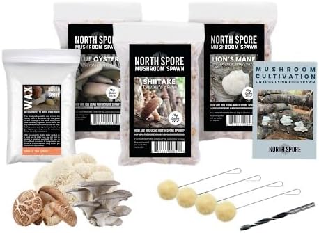 North Spore Log Inoculation Bundle | 100 ct Shiitake, Lions Mane, and Blue Oyster | Wax, Daubers, Drill Bit | Grow Mushrooms on Outdoor Logs | Premium Quality Mushroom Plug Spawn | Handmade in USA