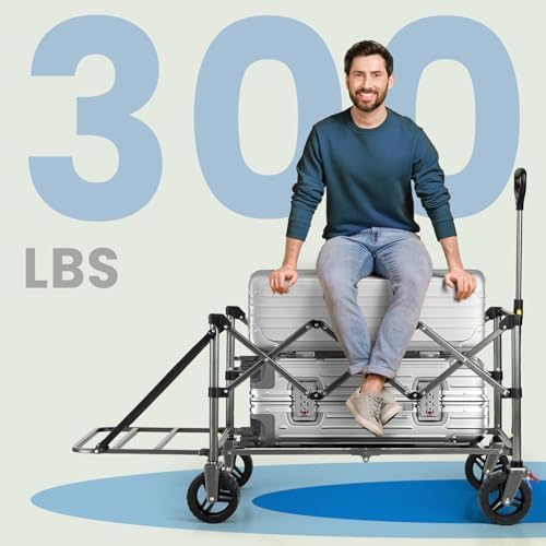 Overmont Collapsible Wagon with Tailgate - 49.2" Extended Heavy Duty Foldable Utility Wagon Folding Cart with All-Terrain Wheels for Outdoor Camping Sports Garden Beach Grocery - 300lbs Support