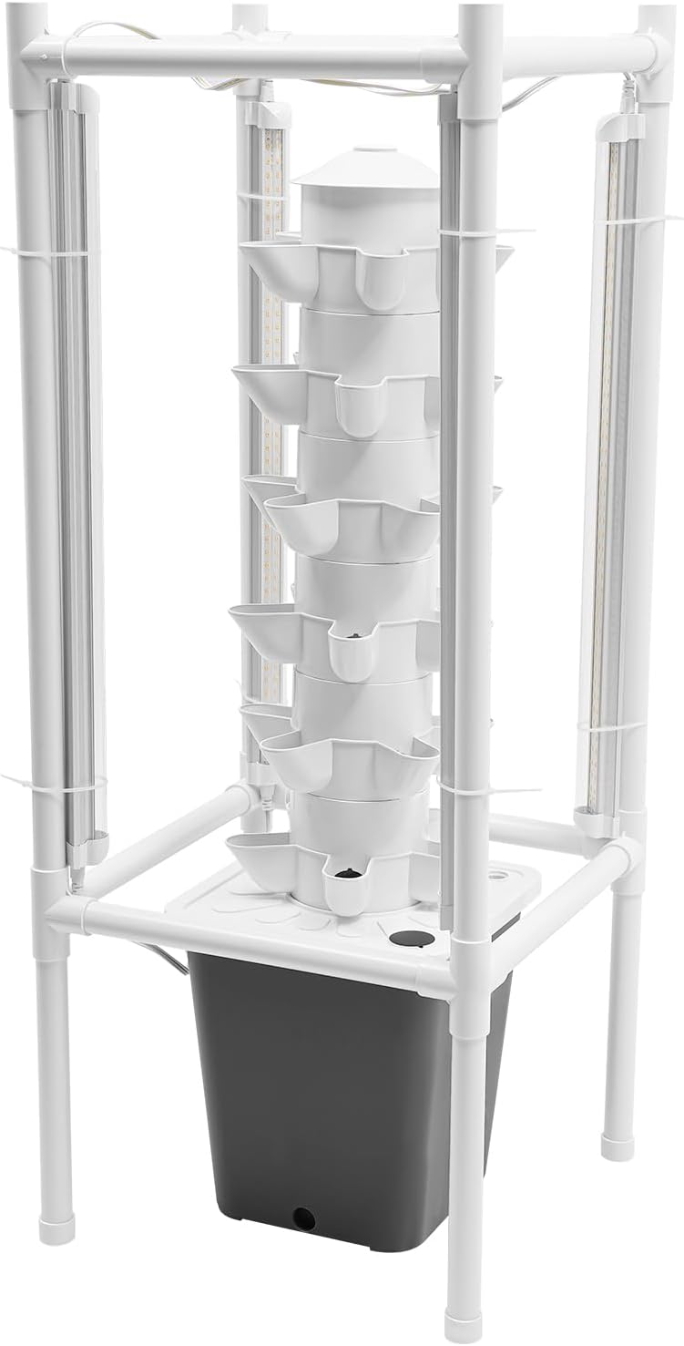 Hydroponic Tower Growing System Kits with LED Grow Lights 30 Pods Indoor Vertical Planter Germination Kit 6 Layers Hydroponic Tower for Fruits, Vegetables, Herbs, and Miniature Greens (Gray)
