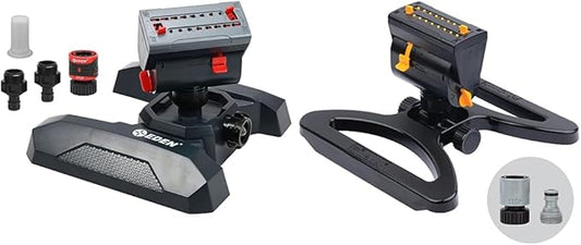 Eden 95124 Adjustable 4-Way Mini Turbo Oscillating Sprinkler W/Quick Connect Starter Set, Covers up to 4,069 sq. ft. Heavy Weight Base & Melnor 65131AMZ Mini Oscillator Sprinkler Bundle, Black, Yellow