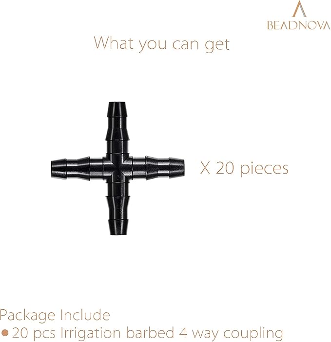 BEADNOVA Drip Irrigation Connectors 20 Pcs 1/4 Inch Barbed 4 Way Couplings Irrigation Connectors for 1/4 Inch Drip Tubing Water Tubing Gardening Supplies (20pcs)