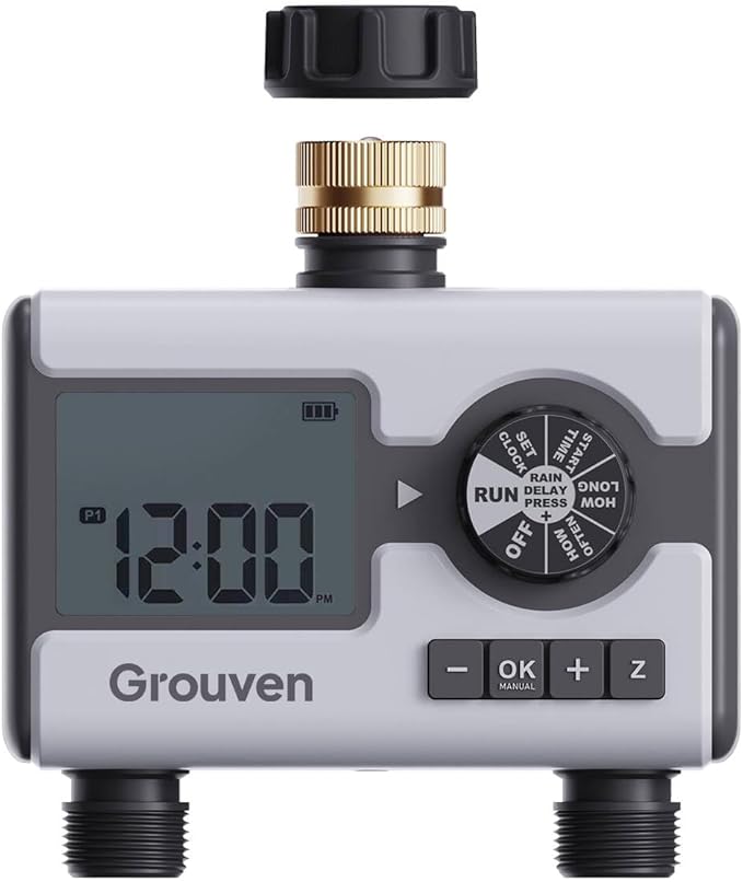 2 Outlet Sprinker Timer with Brass Inlet, Programmable Hose Faucet Water Timer for Garden Hose, Rain Delay, Manual, Automatic Watering System for Garden, Yard