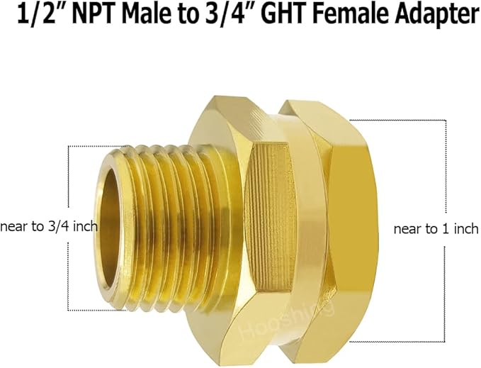 Hooshing Garden Hose Adapter 3/4 Inch GHT to 1/2 Inch NPT Brass Hose Connectors Water Hose to Pipe Thread Fittings Washers