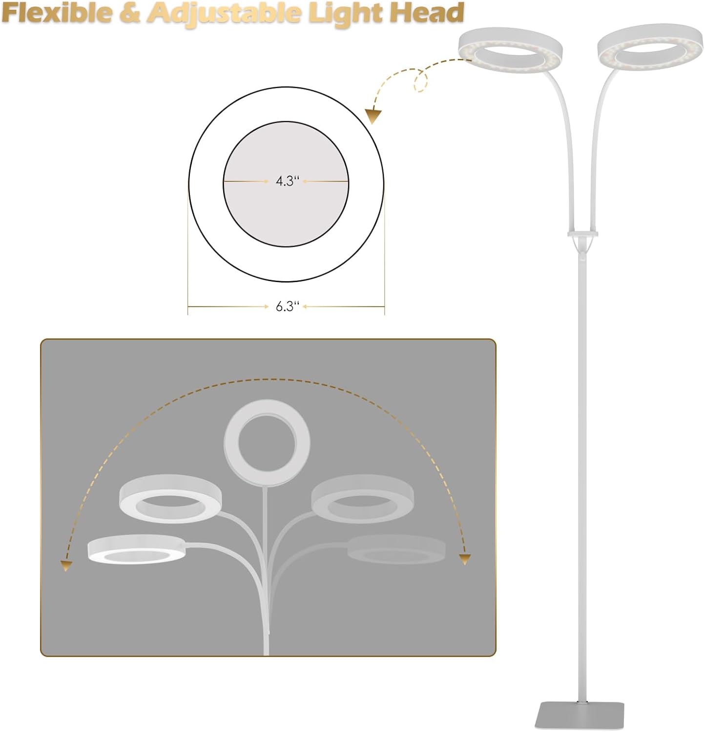 GLOWRIUM Grow Light with Stand,2-Head LED Plant Light for Indoor Plants, Full Spectrum Grow Lamp, 3/9/12H Timer, 6 Dimmable Levels, 3 Lighting Mode, Adjustable Height White