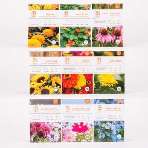 Seed Starter Kit – Flowers | Non-GMO | Heirloom Seed Packets | Natural Wood Row Markers
