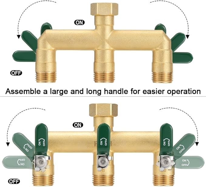 EBH Garden Hose Splitter, 3-Way High Flow Heavy Duty Brass Outdoor Hose Manifold with Long Handles Full Flow Faucet Adapter- 3/4” GHT(Green)
