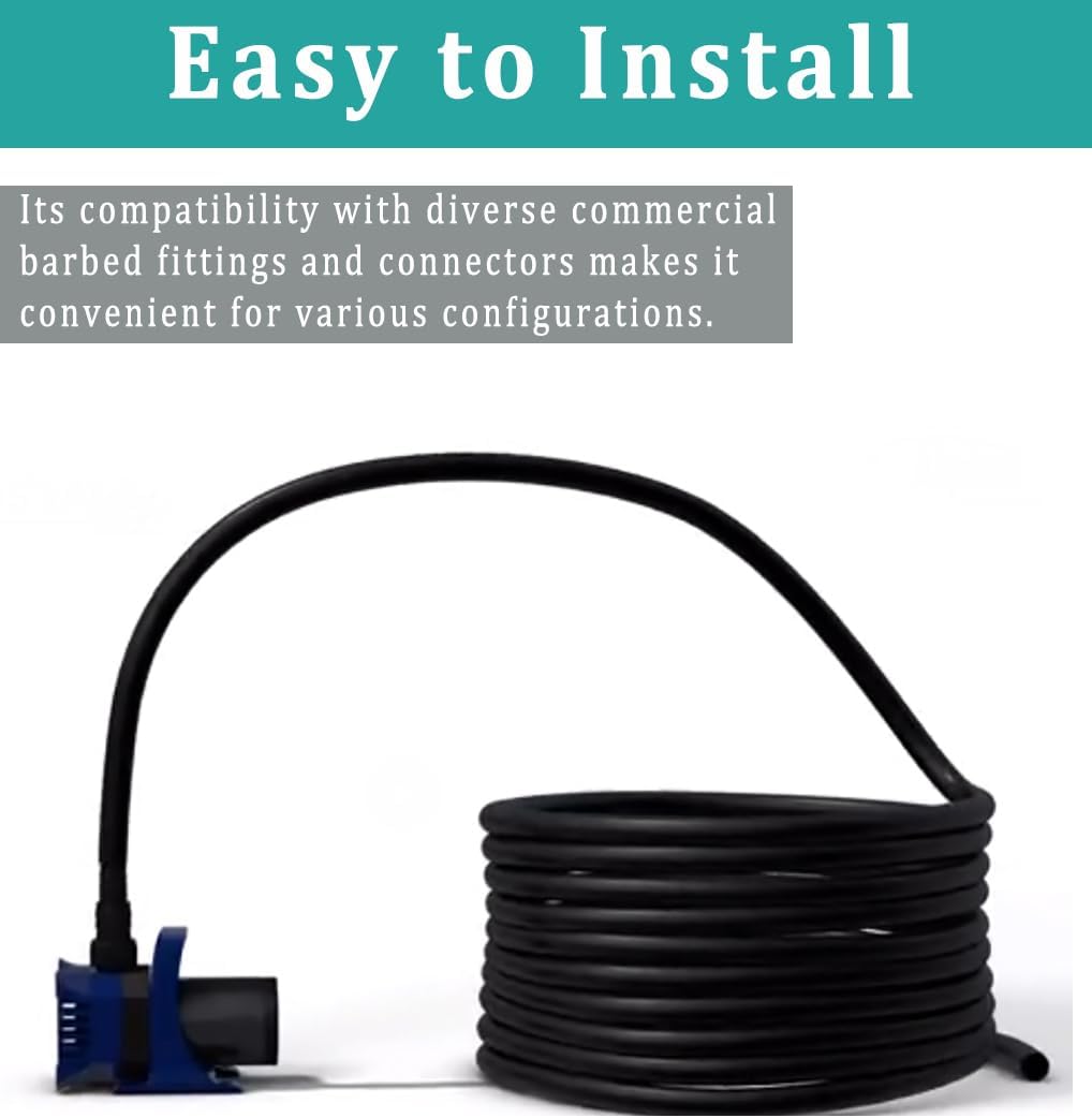 1/4" id - 25ft Black Vinyl Tubing Flexible PVC Tube Hybrid Hose Transfer Water Fuel Gas for Pond Fountain Garden Waterfall, Durable and Safe, with 2 Hose Clamps