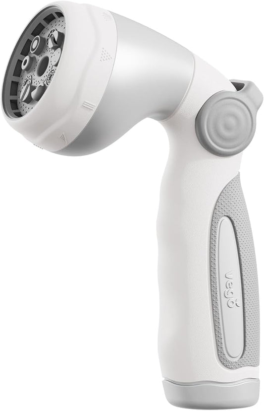 Vego Garden Hose Nozzle - 9 Spray Patterns, Metal, Thumb Control, On/Off Valve, High Pressure Heavy Duty Water Hose Spray Nozzle for Gardening, Lawn Care, and Cleaning Tasks-Cloud White