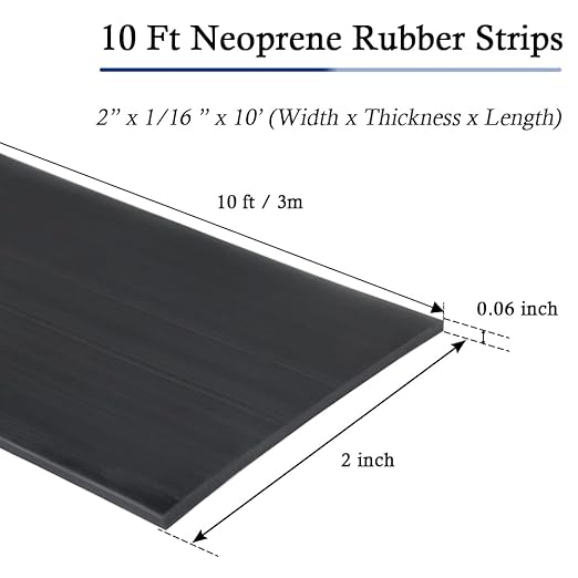 Neoprene Rubber Strips Self Adhesive Solid Rubber Sheets, Rolls & Strips for DIY Gaskets Crafts Pads Seals Warehouse Flooring Neoprene Sheet with Adhesive Backing (2" Wide x 1/16" Thick x 10' Long)