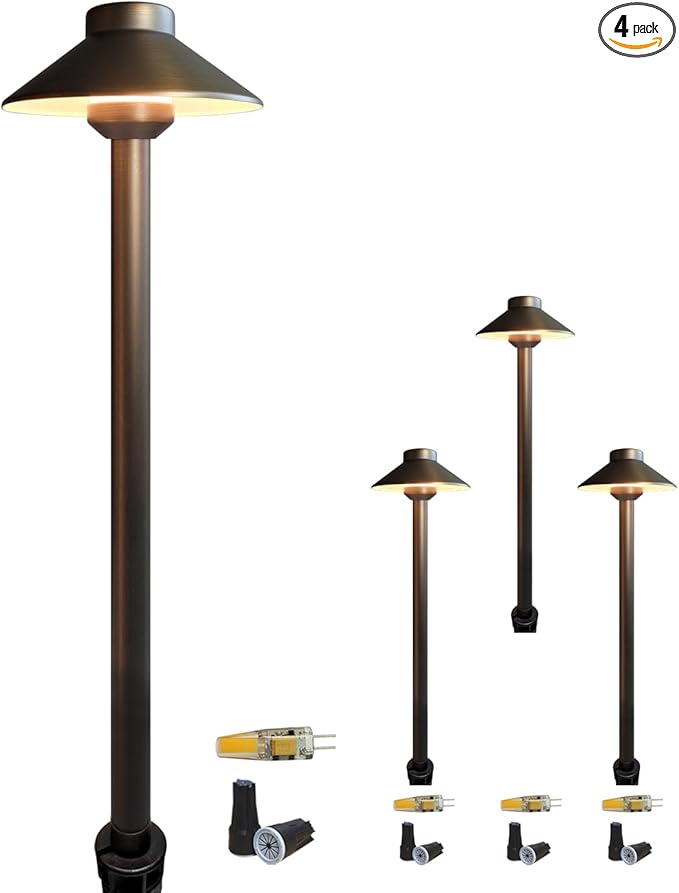 COLOER Brass Low Voltage Pathway Lights Wired 4-Pack with 2W LED G4 Bulb,12V Waterproof China Hat Outdoor Path Lighting for Yard, Patio, Landscape, Planter, Walkway(602B)