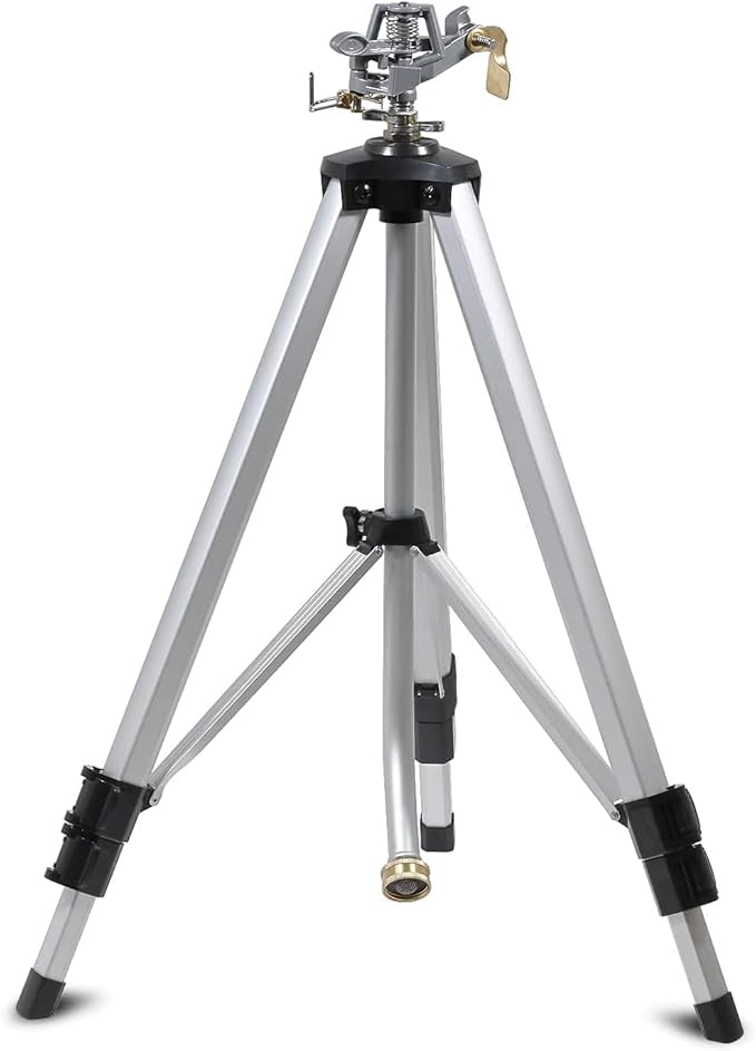 YAMATIC Impact Sprinkler on Tripod Base, 50-inch Heavy Duty Metal Sprinkler for Yard, 360 Degree Rotating Zinc Head for Large Area, 3/4" Brass Connector, Extension Legs Flip Locks, Spray up to 20-90ft