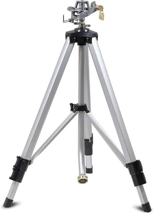 YAMATIC Impact Sprinkler on Tripod Base, 50-inch Heavy Duty Metal Sprinkler for Yard, 360 Degree Rotating Zinc Head for Large Area, 3/4" Brass Connector, Extension Legs Flip Locks, Spray up to 20-90ft