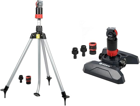 Eden 11530 Multi-Pattern Turbo Gear Drive Metal Tripod Sprinkler Plus Misting System & 94124 Multi Pattern Turbo Gear Drive Sprinkler Plus Misting System, with Quick Connect Set, 360 Degree Coverage