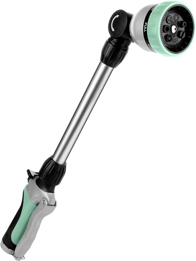 RESTMO Metal Watering Wand, Heavy Duty Garden Hose Wand with 180° Swivel Ratcheting Head, 16'' Hose Nozzle Sprayer with 7 Spray Patterns and Flow Control, for Water Hanging Baskets and Shrubs, Cyan