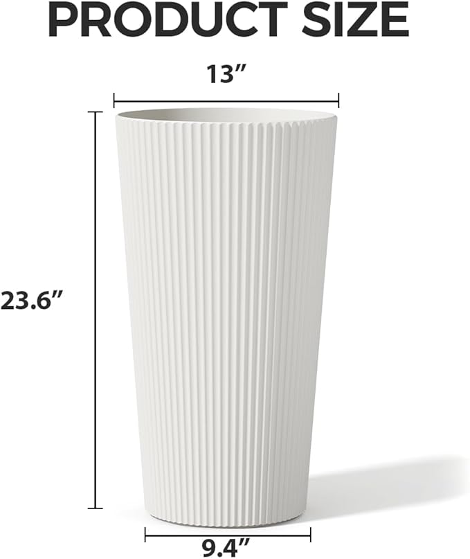 23.6" Tall Planters for Outdoor Plants,Large Outdoor Planters for Front Porch Decor with Drainage Hole, Flower Pots Fits Indoor Plants Patio/Garden, Plastic Striped White (2 Pack)