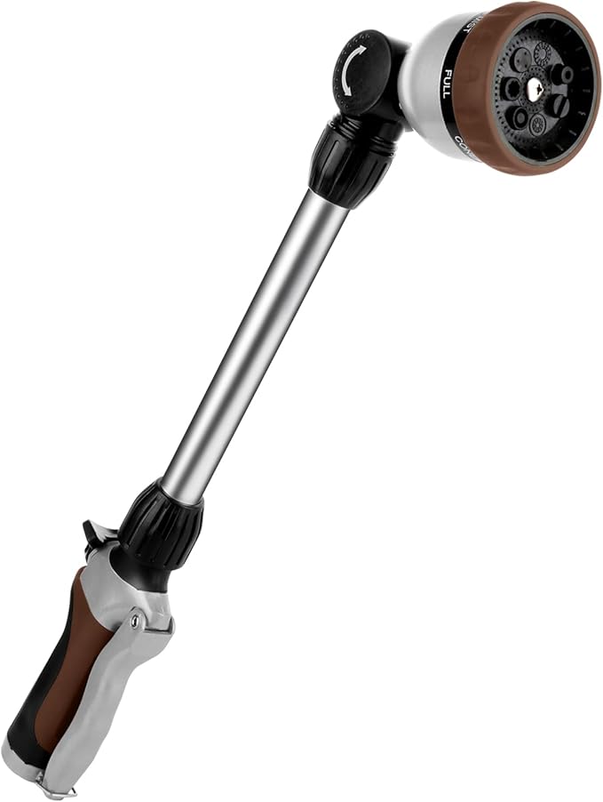 RESTMO Metal Watering Wand, Heavy Duty Garden Hose Wand with 180° Swivel Ratcheting Head, 16'' Hose Nozzle Sprayer with 7 Spray Patterns and Flow Control, for Water Hanging Baskets and Shrubs, Brown