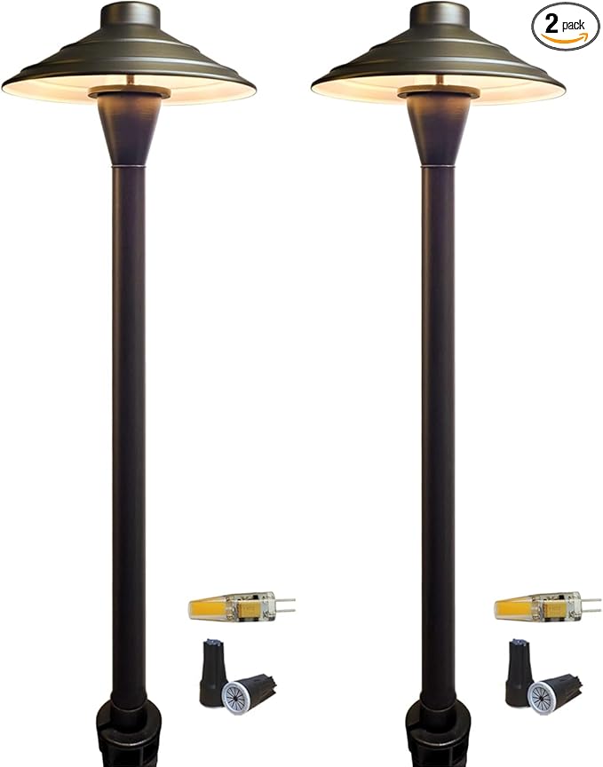 COLOER Brass Low Voltage Walkway Lights for Outside Bronze Finish 2-Pack with LED G4 Bulb,9-17V AC/DC 2W 2700K Warm White Outdoor Landscape Path Lights for Garden,Yard,Sidewalk or Driveway(601B)