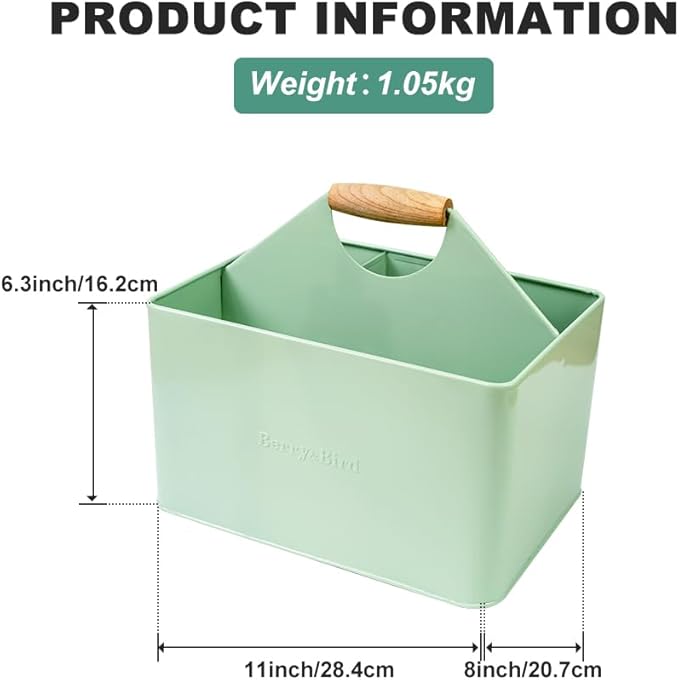 Berry&Bird Garden Tool Organizer, Metal Garden Caddy with 4 Compartments and Wooden Handle, Gardening Tools Box for Indoor & Outdoor, Practical Gardener Gift for Gardening Lovers