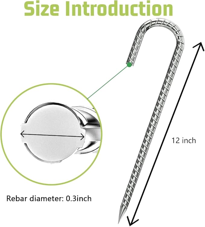 J-Hook-Rebar-Stakes-12 Inch, Ground Stakes Heavy Duty Rebar Stakes for Camping 50pcs Rebar Stakes Rust Proof Coated Metal for Flower Gardens Dog Fence Camping Tents Chicken Coop