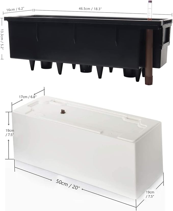 GardenBasix 7.5''x20'' White Self Watering Rectangle Planter Pots with 10 Quarts Coco Soil, Indoor Outdoor, Easy to Observe Water Level, Stylish and Simple