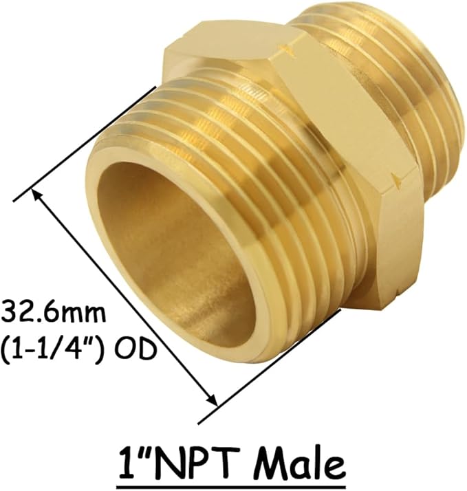 Brass Garden Hose Adapter 3/4"GHT Male to 1"NPT Male Thread Reducer Water Hose Nipple Reducing Convert Pipe Fittings Connector