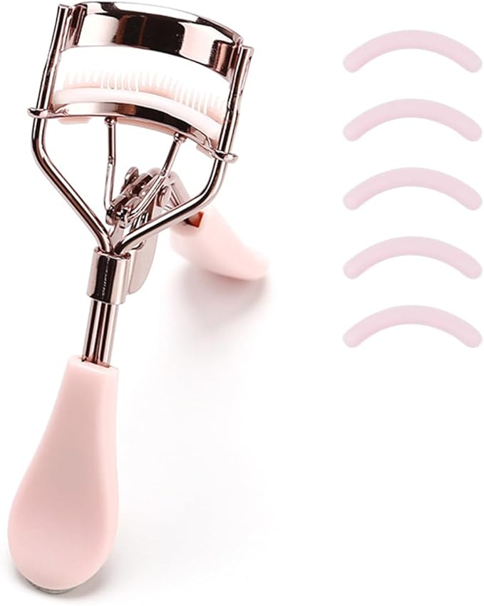 Stainless Steel Eyelash Curler with Built-in Comb Pinch Pain-Free Suitable for Any Eye Shapes and Sizes, with 5 Silicone Refill Pads (Champagne Gold Pink)