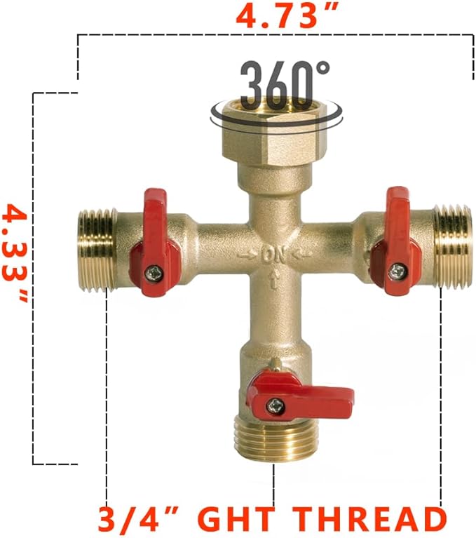 HQMPC Hose Splitter – Heavy-Duty Brass Garden Faucet Connector Garden Hose Splitter 3 Way 3/4" GHT Thread Red Handle