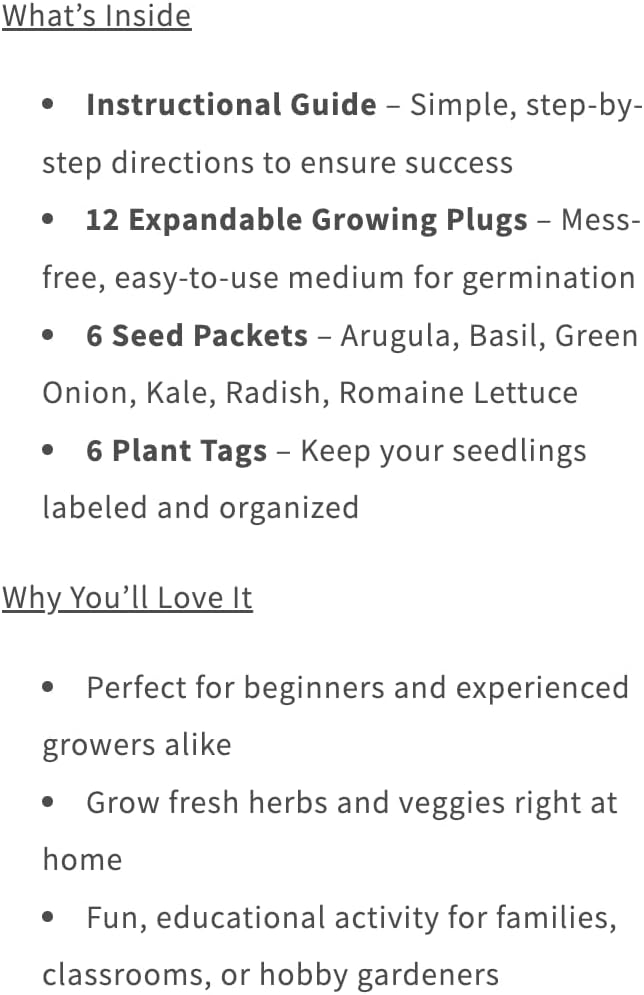 Seedling Starter Kit: DIY Garden Gift, Grow Your Own Herbs & Vegetables, for Soil and Hydroponic, Includes Seeds, Plugs, Tags, Growing Guide