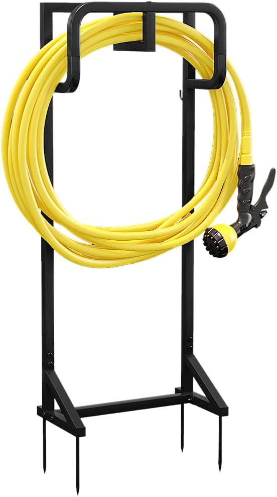 AZERPIAN Garden Hose Holder Detachable Hose Holder Freestanding Heavy Duty Metal Hose Reel Stand Water Hose rack For Outside (Black, 15.35 * 7.09 * 44.88)