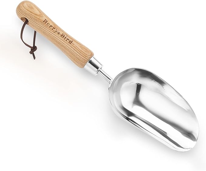 Berry&Bird Garden Loose Soil Scoop, Stainless Steel Hand Shovel Spade with Wood Handle Multi Function Gardening Trowel Spoons for Transplanting, Digging, Planting, Cultivation