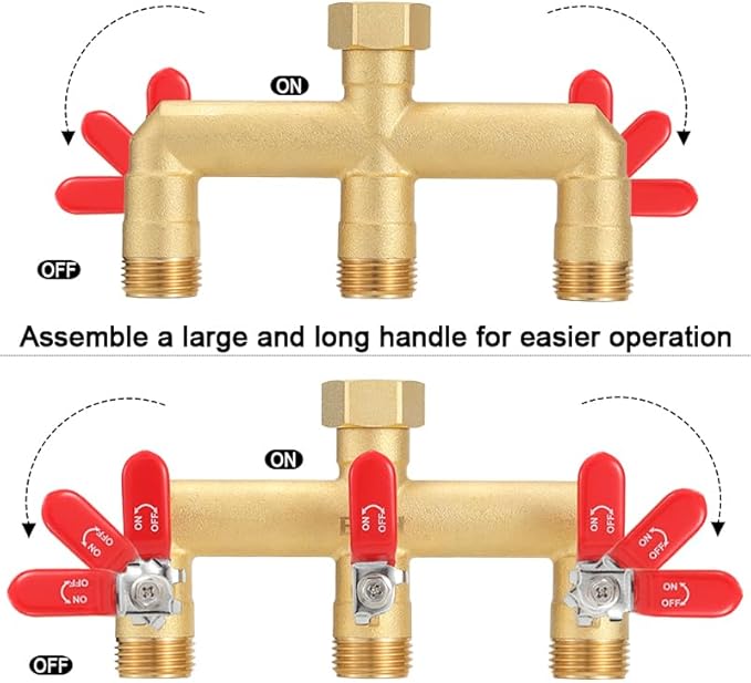 EBH Garden Hose Splitter, 3-Way High Flow Heavy Duty Brass Outdoor Hose Manifold with Long Handles Full Flow Faucet Adapter- 3/4” GHT(RED)