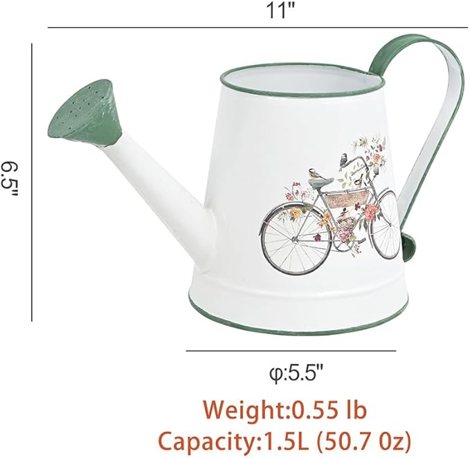 Small Watering Can for Indoor Plants Garden Metal Decorative Watering Can Outdoor Bonsai Balcony Courtyard Garden Flower Decorative, 1.5L, 50.7 Oz (White Green)