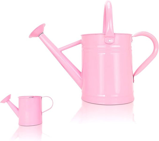 Metal Watering Can (1 Gallon) for Outdoor&Indoor Plants with Free Small Watering can for Kids, Plant Watering Can with Removable spout, Perfect for Garden Flower, Houseplants, Pink