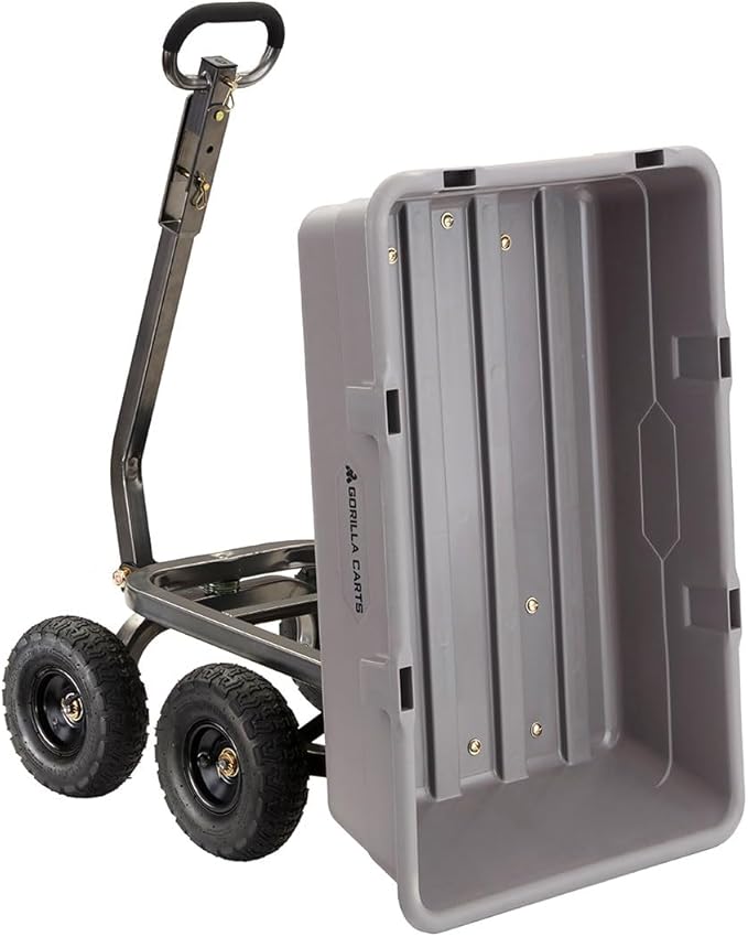 Gorilla Carts Heavy-Duty Poly Dump Cart, 5 Cu Ft Tub, 800 lb Haul Capacity, Gray – Towable Utility Wagon with Quick-Release Dumping & Pneumatic Tires for Yard, Landscaping and Gardening