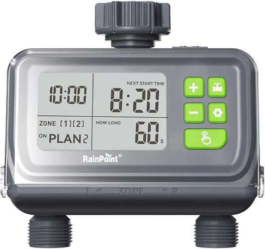 RAINPOINT 2 Zone Smart Water Timer for Garden Hoses - Lawn Sprinkler Timers with Up to 3 Preset Programs, Rain Delay Sensor, Smart Water Hose Timers, Drip Irrigation Timer for Garden Watering System
