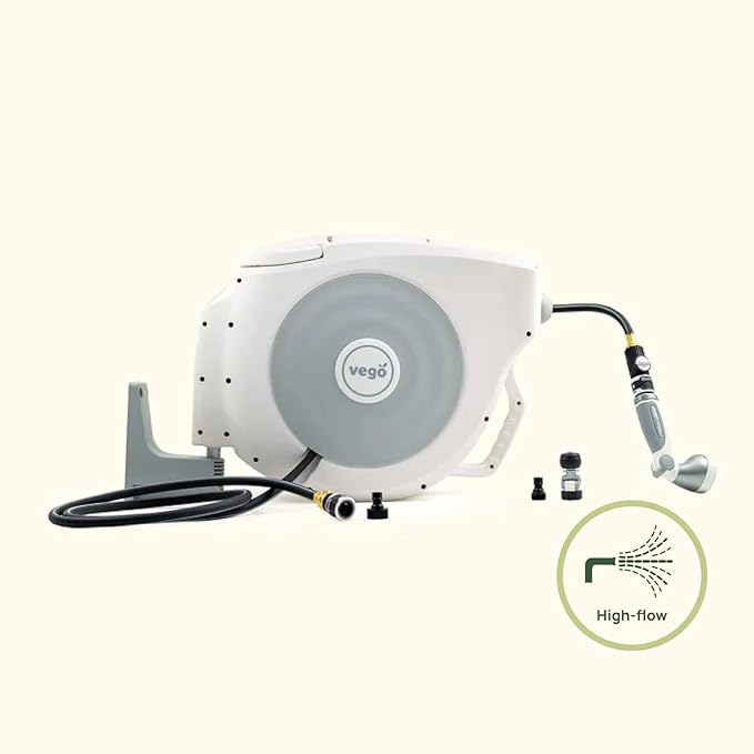 Vego Garden Hose Reel Retractable Hi-Flow Wall Mounted Hose Reel Automatic Rewind, Any Length Lock with 9 Patterns Sprayer Nozzle, Quick Connector and Adjustable shot Nozzle (Cloud White, 82ft)