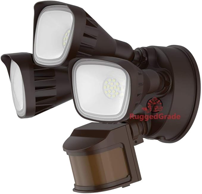 RuggedGrade 30W Turin II Series LED Security Wall Light - Motion Wall Light - 2,600 Lumens - 3000K Warm White - 240° Sensor - Square Heads - Bronze Housing - Outdoor LED Light - DLC 5.1 Premium