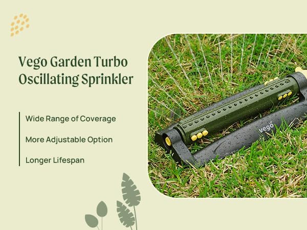 Vego Turbo Oscillating Sprinkler w/Quick Connector Starter Set Metal Base and 20 Precision Nozzles, 3-Way Adjustable for Large Yard and Lawn Covers up to 4973 sq. ft.-Seaweed Green