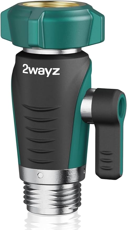 2WAYZ 0° Garden Hose Shut Off Valve - 3/4" Inlet & Outlet Heavy Duty Hose Connector - Full Metal Water Adapter with Large 1.6" Knob - 2.3 x 1.9 x 3.6 Inch Outdoor Fitting (Green and Black)
