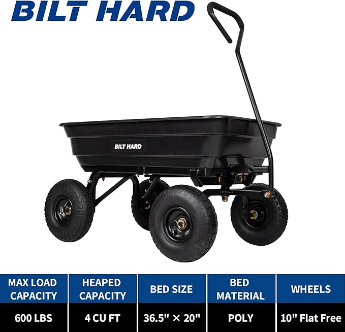 BILT HARD 600 lbs Poly Garden Dump Cart with 180° Rotating Handle, 4 Cu.Ft. Capacity Heavy Duty Garden Carts with No Flat Tires for Yard, Outdoor