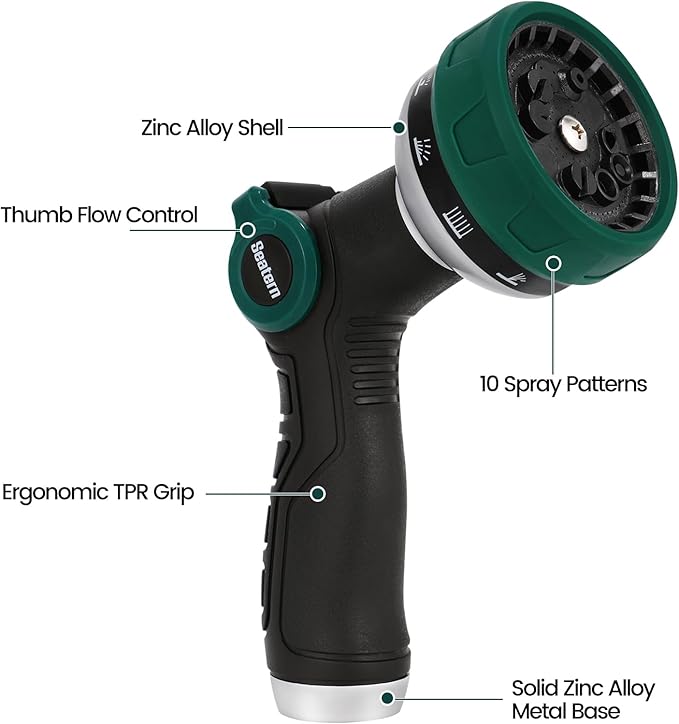 Heavy Duty Garden Hose Nozzle, Water Hose Sprayer Nozzle with Thumb Flow Control, 10 Spray Patterns, High Pressure Hose Nozzle for Lawn & Plant Watering, Car & Pet Washing – Forest Green