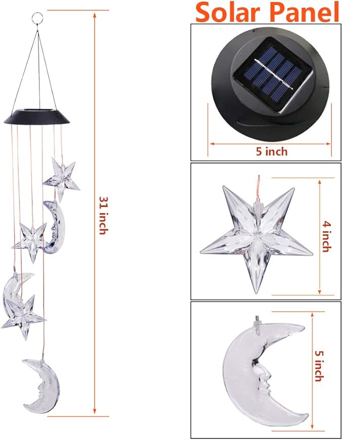 Solar Power Stars and Moon LED Wind Chimes Outdoor Decor, Waterproof Mobile Color Changing Wind Chimes, Star Moon Solar Light Xmas, Gifts for Mom, Home, Patio, Yard, Party, Festival, Garden Decoration