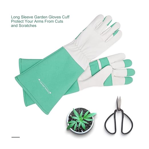 HLDD HANDLANDY Leather Gardening Gloves for Women & Men - Long Sleeve Rose Pruning, Thorn Proof Garden Work Gauntlet, Animal Handling (Medium, Green)