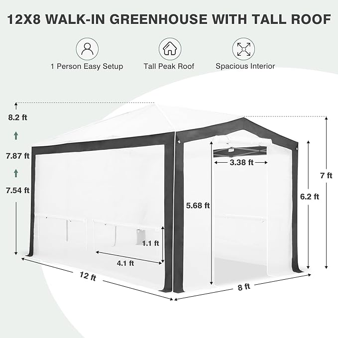 EAGLE PEAK 12x8 Portable Walk in Greenhouse with Polyester Reinforced Corners, Instant Pop up Indoor Outdoor Gardening Green House, Roll Up Zipper Entry Doors and Mesh Windows, Gray/White
