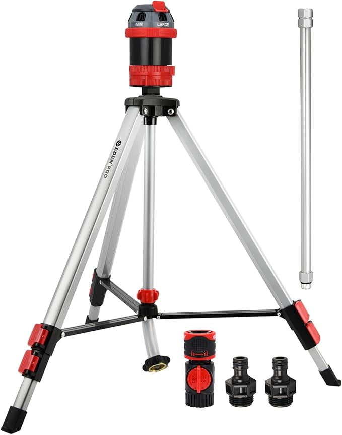 Eden 94156 PRO Metal Telescoping Tripod Adjustable 6-Pattern Mobile Rotary Gear Drive Garden Sprinkler for Yard W/Premium Quick Connect Starter Set