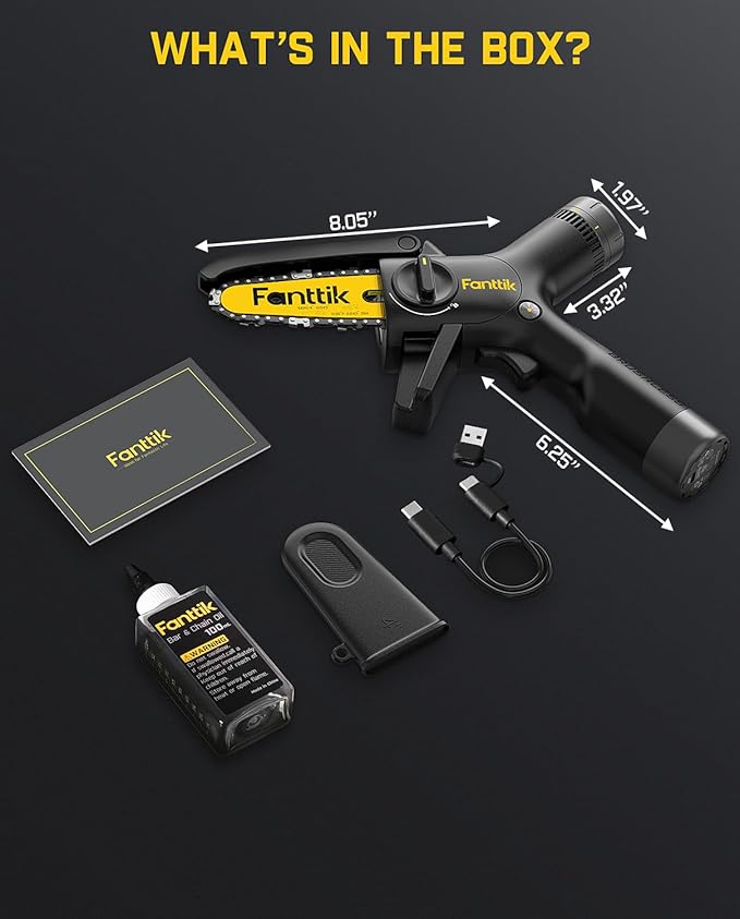 Fanttik TurboLite W10 APEX External Rotor Brushless Motor Mini Chainsaw Cordless with 3 Speed Adjustment, Type-C Fast Charging, LED Light for Tree Wood, Tools for Household and Garden